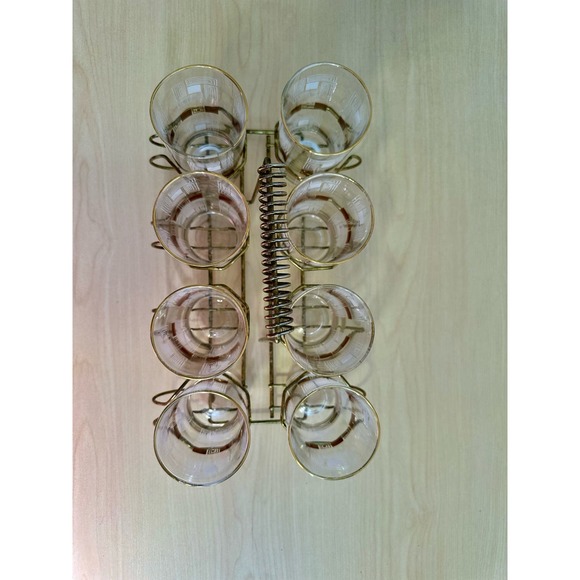 8 Vintage 1950's Block Geometric Tom Collins Glasses Gold Rim Metal Carrier - Picture 2 of 12